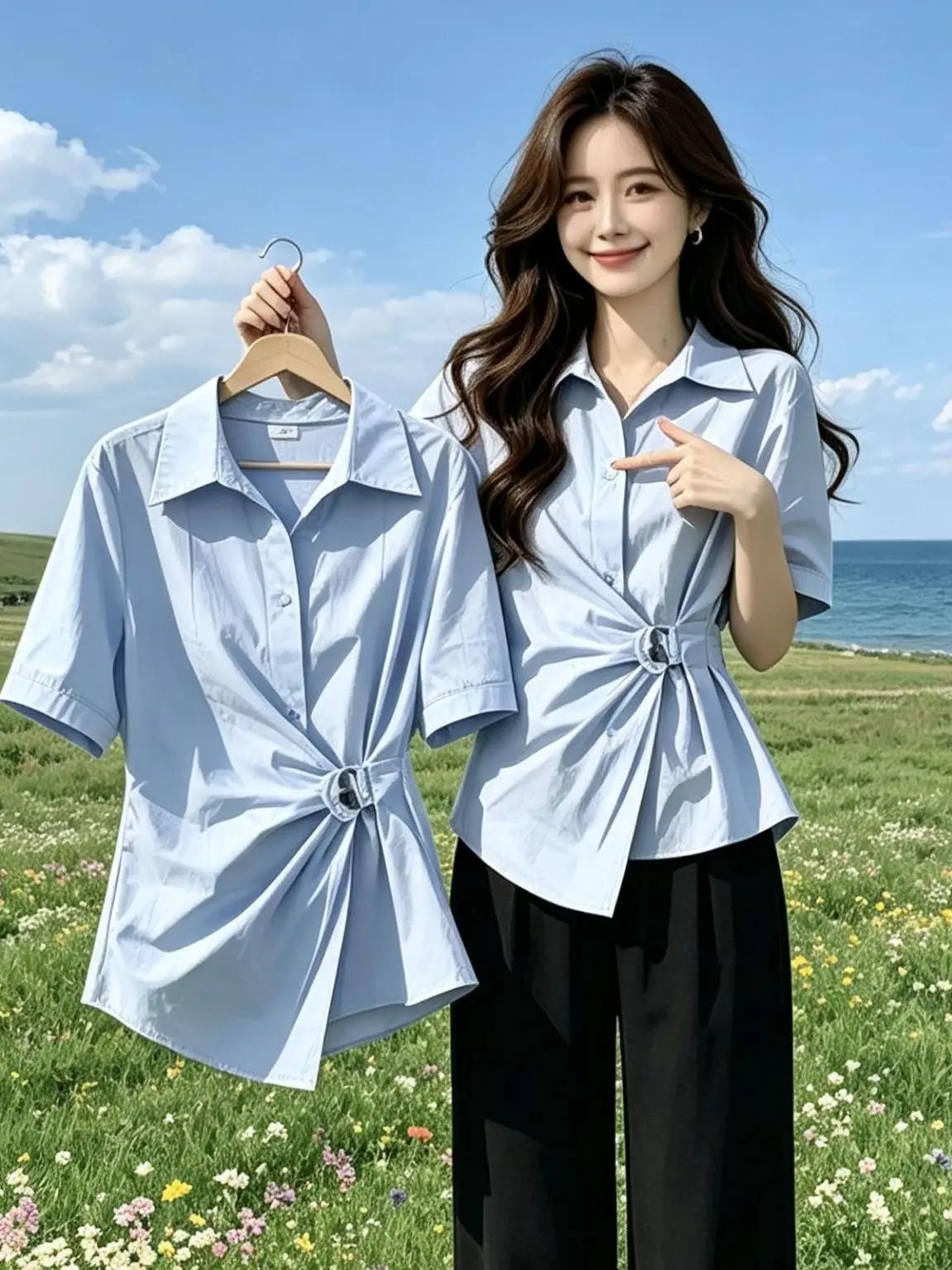 

Summer 2026 Fashion Slimming Design Asymmetric Waist-Cinching Short Sleeve Shirt Korean Style Polyester Fiber Women's Blouse