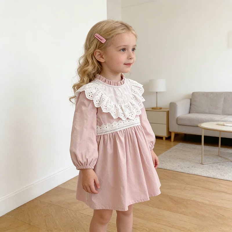 2-6Y Baby Mädchen Kleid 2026 Neue Frühjahr Lange Ärmeln Baumwolle Stickerei Spleißen Kinder Party Kleid Kinder Prinzessin Spitze kleidung