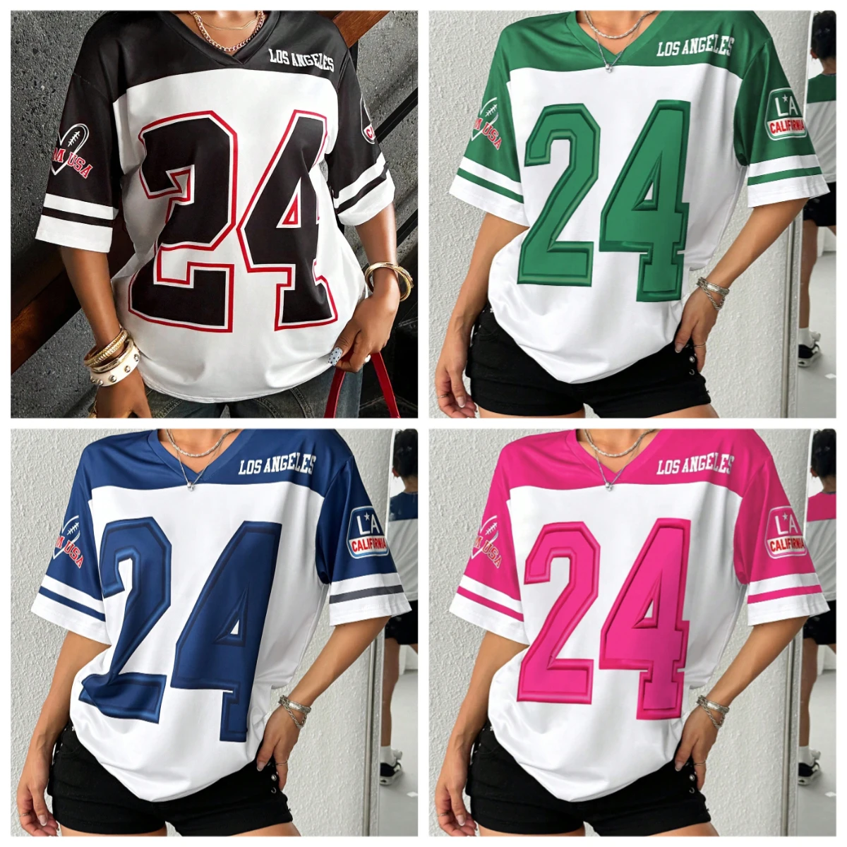 

Женская повседневная свободная футболка с v-образным вырезом и коротким рукавом с принтом номер 24, спортивная футбольная майка большого размера, свободная футболка, уличный топ