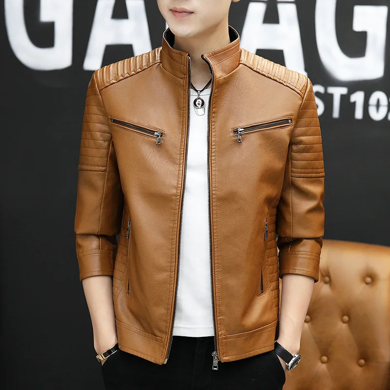 Stand Collar Faux Leather Biker Jacket Multi‑Zipper Pockets Long Sleeve Zip‑Up Coat for Casual Street Motorcycle Outerwear