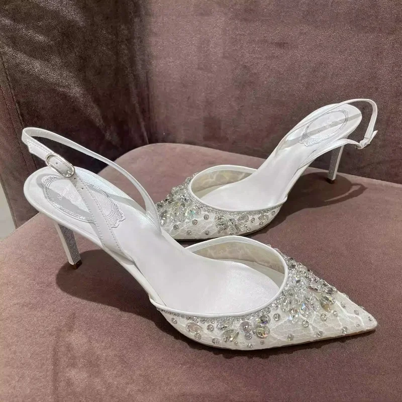 2025 summer new rhinestone lace pointed high-heeled wedding shoes stilth heel bride wedding dress crystal banquet women's sandal