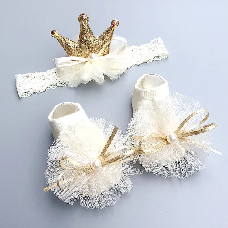 

2Pcs/Set Cute Princess Baby Girls Socks Headband Lace Bows Infant Toddler Socks + Hair Band Newborn Birthday Gifts