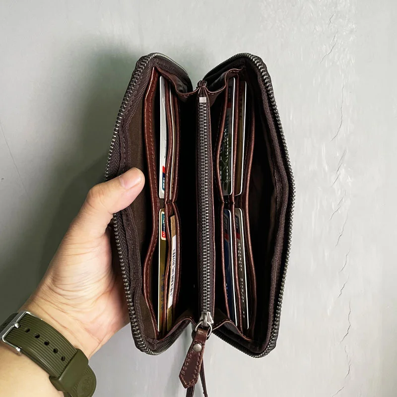 AETOO New leather wallet men\'s long zipper trendy retro mobile phone bag Japanese and Korean simple men\'s clutch bag men\'s leat
