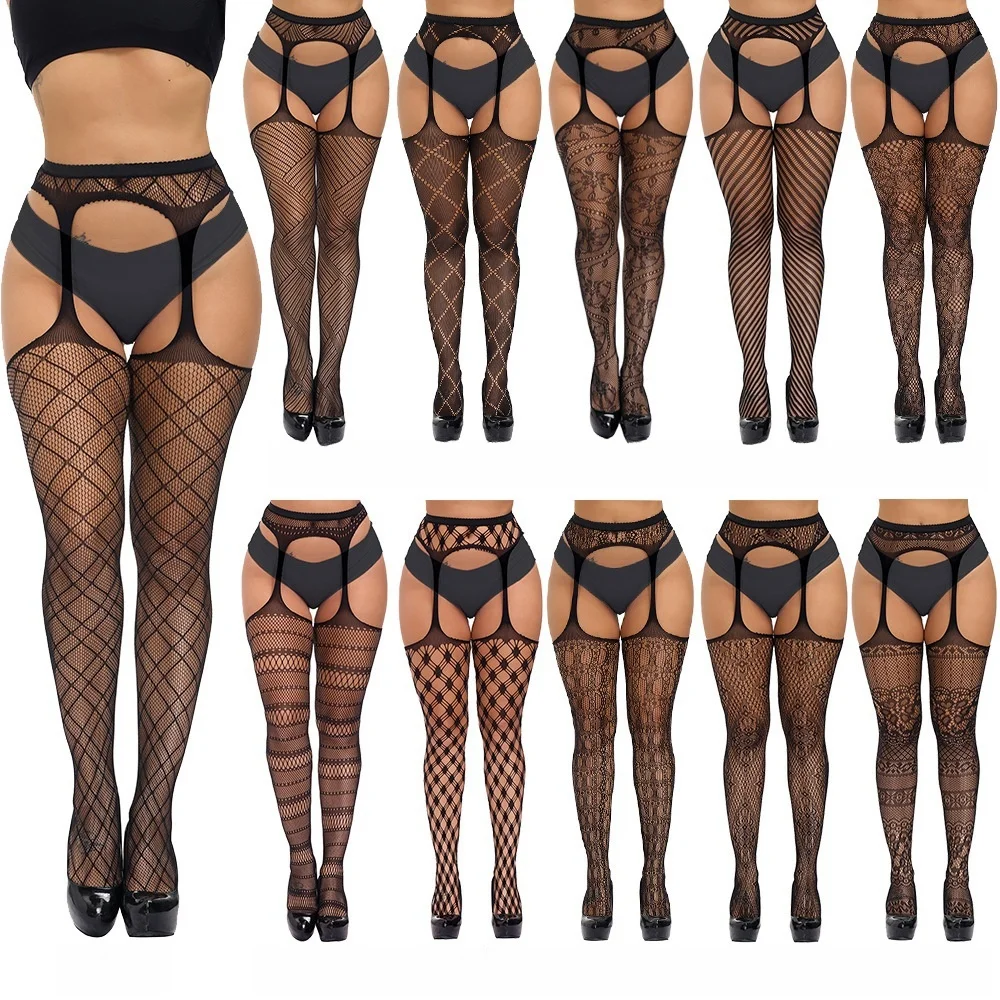 Stoking Jaring Hitam Seksi Pinggang Tinggi dengan Garter, Celana Ketat Tanpa Selangkangan, Bodysuit Ukuran Besar Plus Size untuk Wanita Bertubuh Gemuk XL