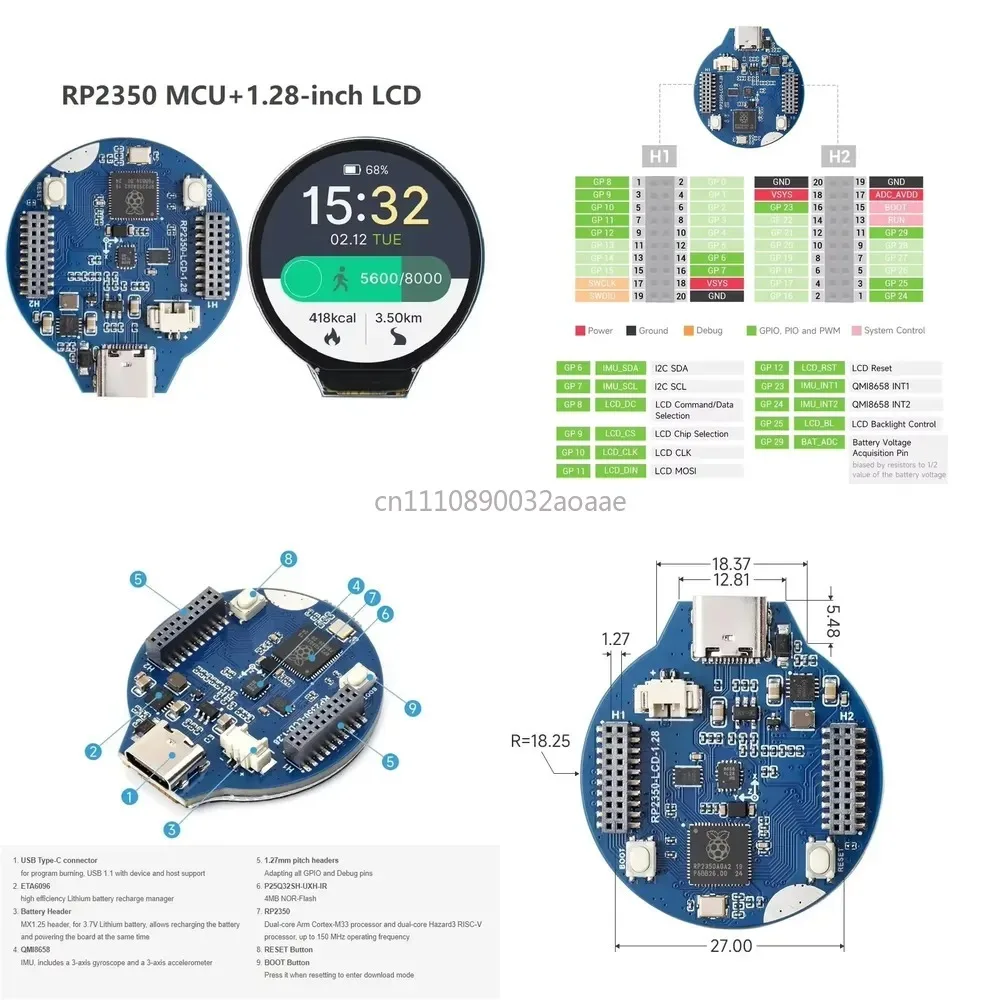 Carte de développement RP2350 avec écran LCD de 1,28 pouce, capteur 6 axes, microcontrôleur double cœur RP2350