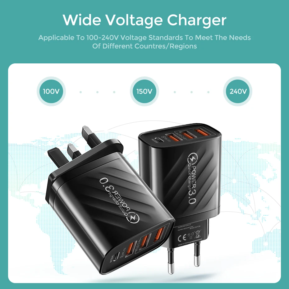 삼성 샤오미 mi10 화웨이 스마트폰용 USB 충전기 어댑터, PD 고속 충전, 4 포트, C타입, QC 3.0, 48W