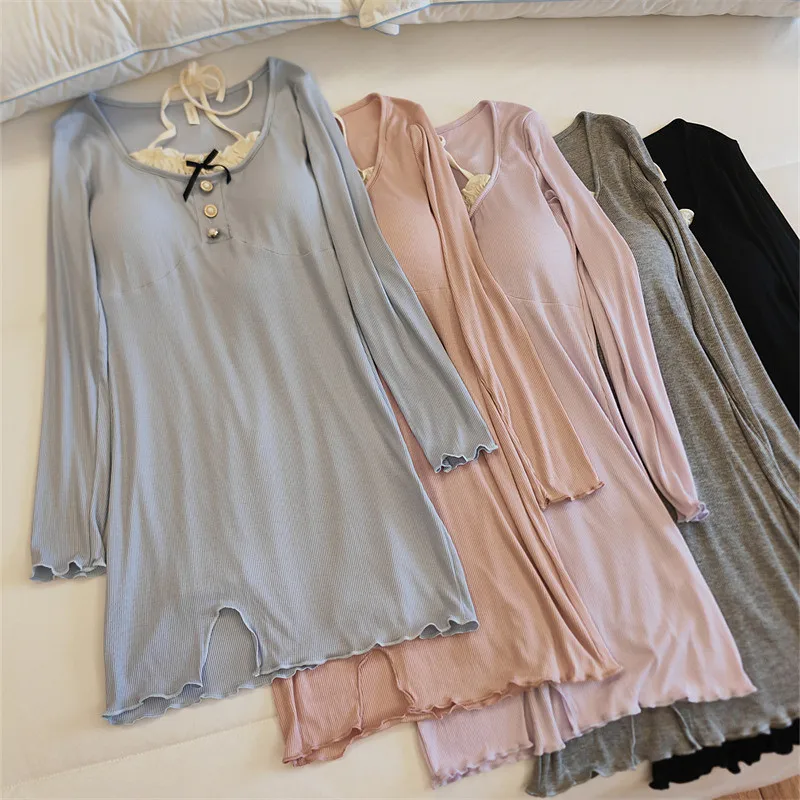 

Casual Autumn Winter Modal Cotton Nightgowns For Women Chest Pad Long Sleeve Dress Comfort Ladies Sleep Shirt Homewear Nightie