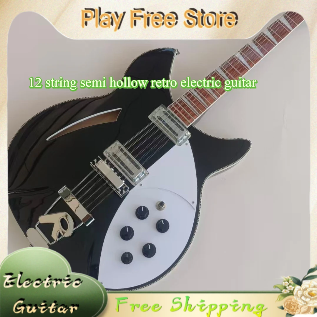 

12 String 360 Semi Hollow Retro Electric Guitar Bright Black Border Double Aluminum Case Pickup British Surfing Rock Jazz