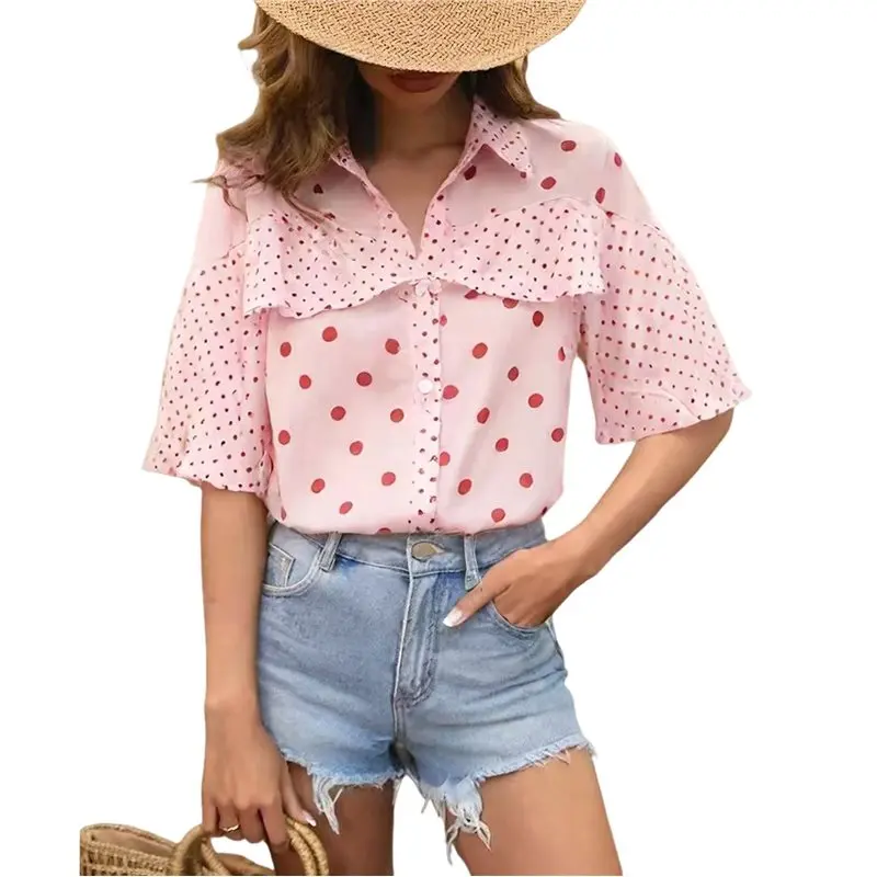 

CYL-Womens Polka Dot Blouse Elegant V Neck Short Sleeve Flowy Shirts Casual Lapel Business Shirts