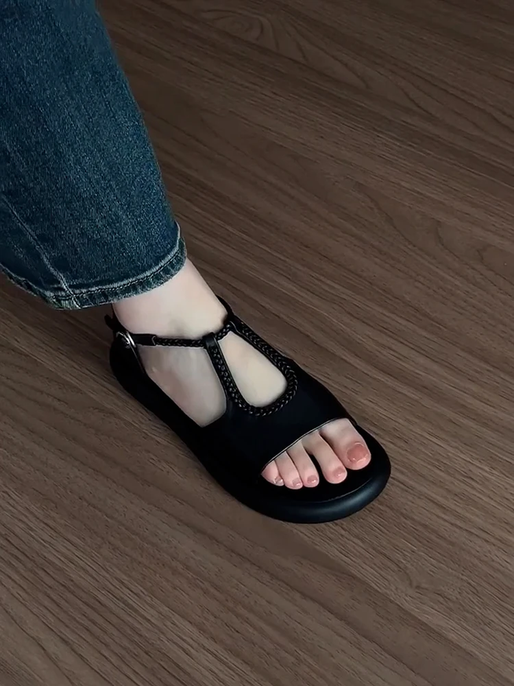 

Wanda Brand Genuine Leather Retro Roman Sandals Women's 2025 New Summer Versatile Flat Bot Beach Slippers Breathable Open-Toe