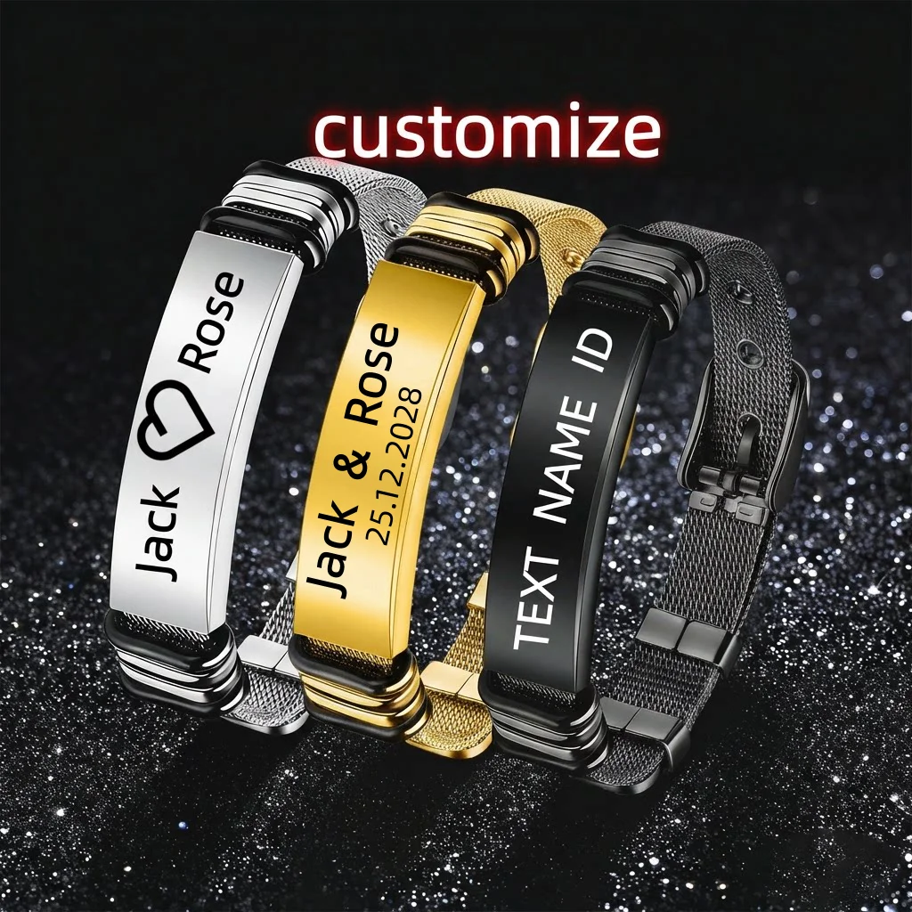 

Customized Name Laser Engraving Stainless Steel Bracelets Text logo ID Men's Wristlet Engraved Father day man personalised gift