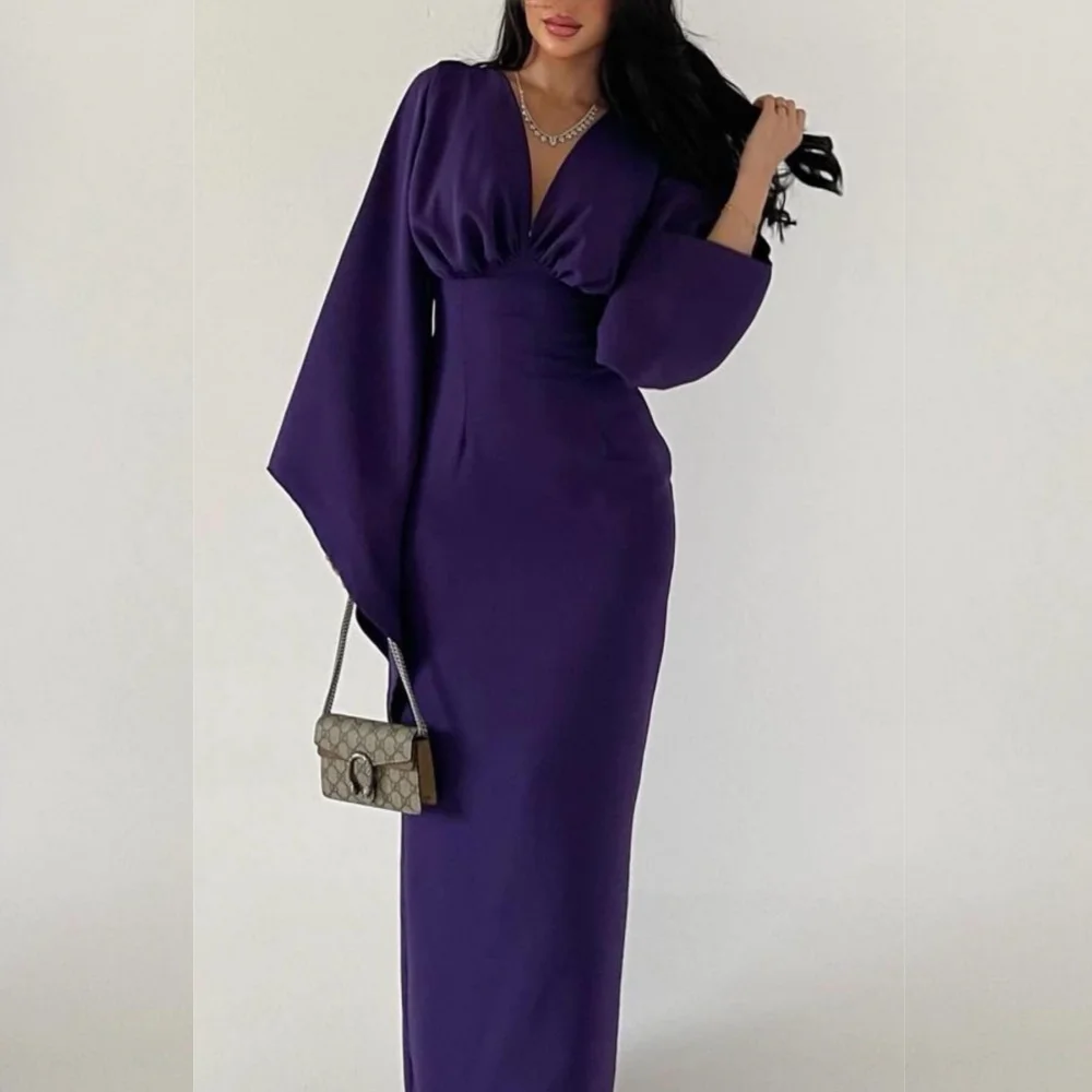  Evening Saudi Arabia Jersey Pleat Evening Column V-neck Bespoke Occasion Gown Long Dresses