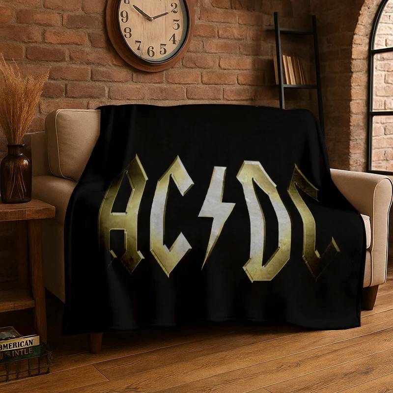 Retro ACDC Rock Band Catoon Flannel Blanket Soft Warm Throw Blanket for Bedroom Living Room Bed Travel Camping Picnic Gift