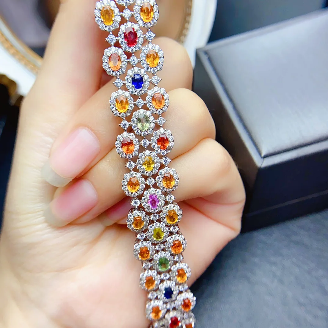 

Natural Multicolor Sapphire Tennis Bracelet 3x4mm Oval Cut S925 Silver with Halo CZ Accent Luxury Rainbow Statement Bracelet