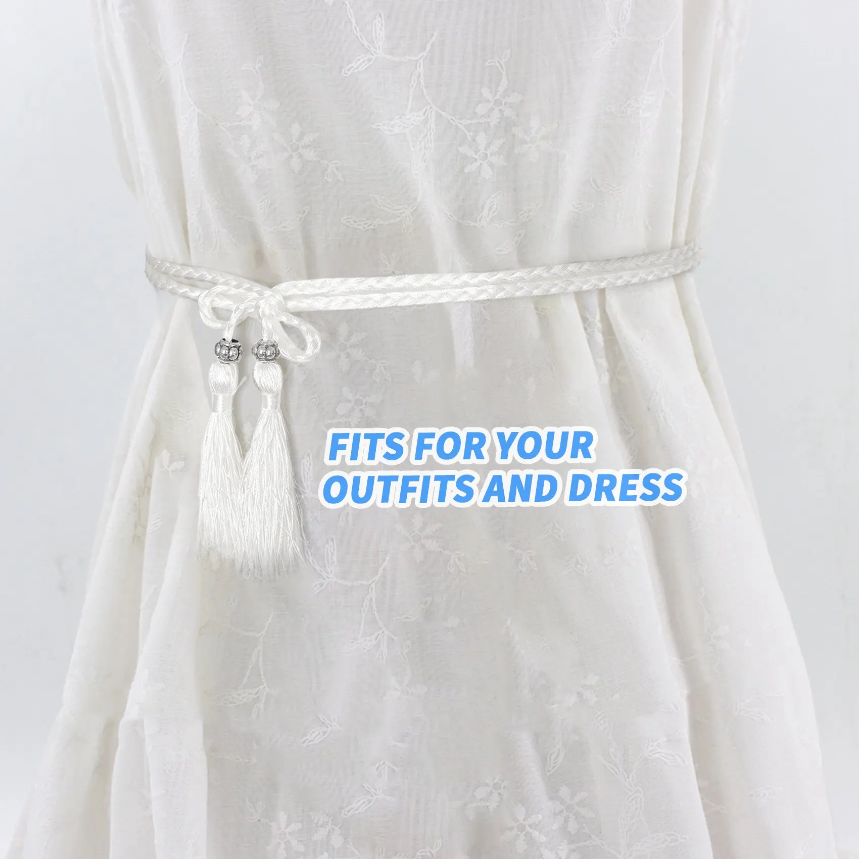 

A79I Woven tassel belt knot decorated waist chain waist rope White