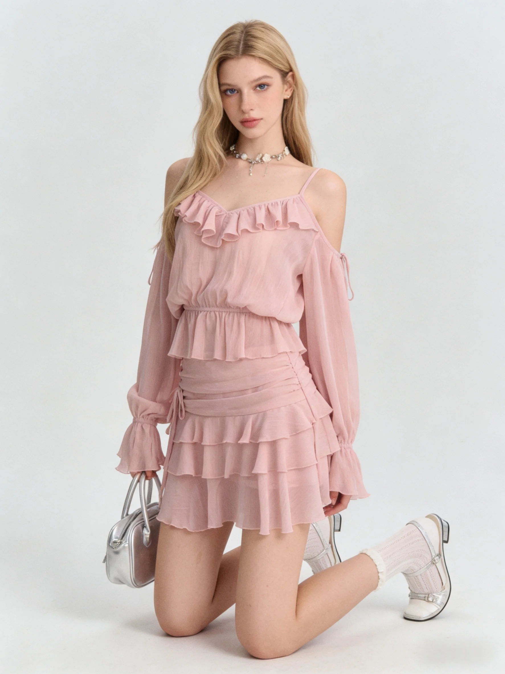 

Women's Summer Spicy Girl Lotus Leaf Edge Sweet Strap Off Shoulder Mini Skirt Set Layered Chiffon Top Cake Skirt Two Piece Set