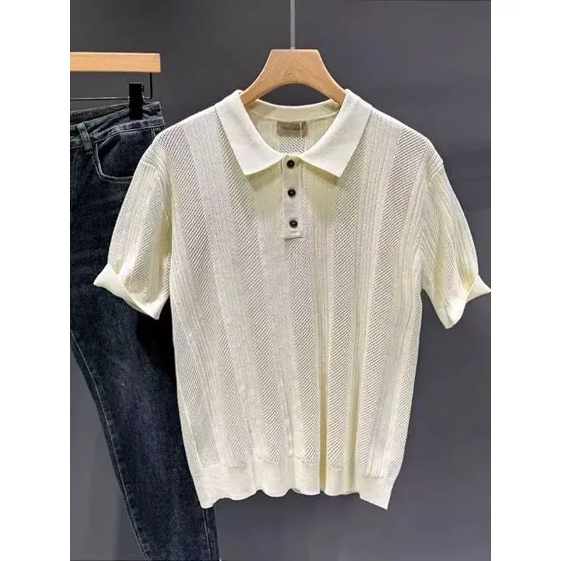 

Летняя мужская футболка большого размера (до 250 фунтов) в гонконгском ретро-стиле, уличная мода, для зрелых мужчин, роскошная, свободного кроя, с отложным воротником, деловая рубашка-топ