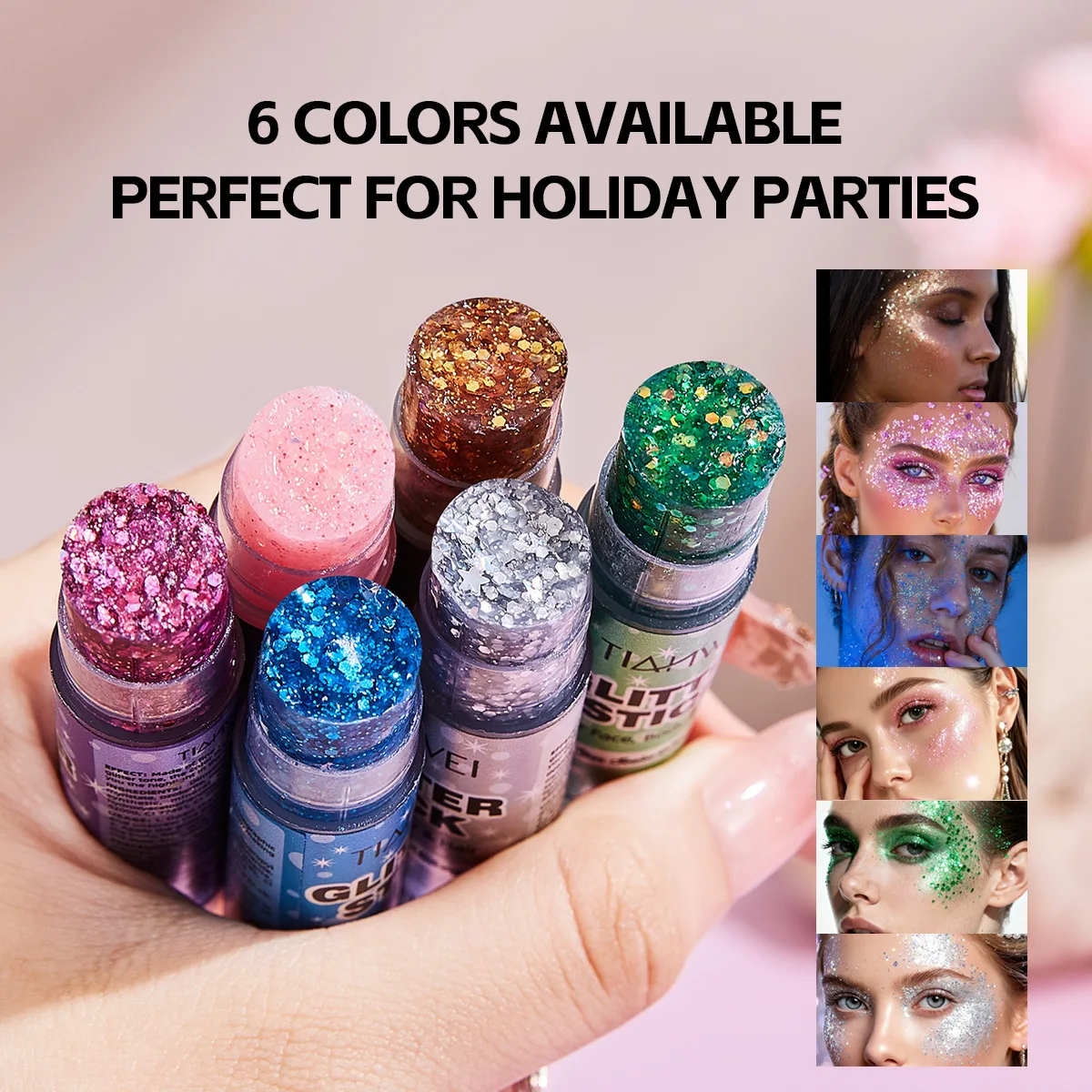 6PCS Sequins Glitter Gel Stick Mermaid Shiny Body & Hair Glitter Cosmetic Gel Waterproof Festival Makeup Holiday Party Stage Sho
