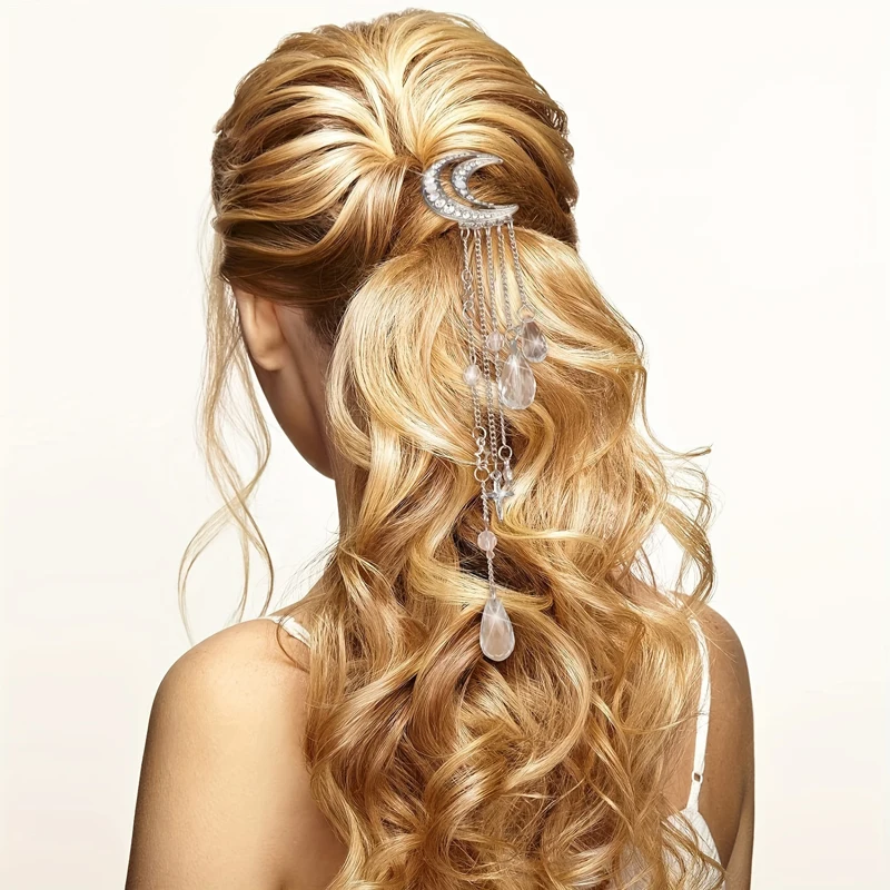 Halbmond- und Stern-Haarspange mit Quaste für Damen, Strass- und Kristallmond- und Stern-Seitenklammer im Girly-Stil – Detail 1