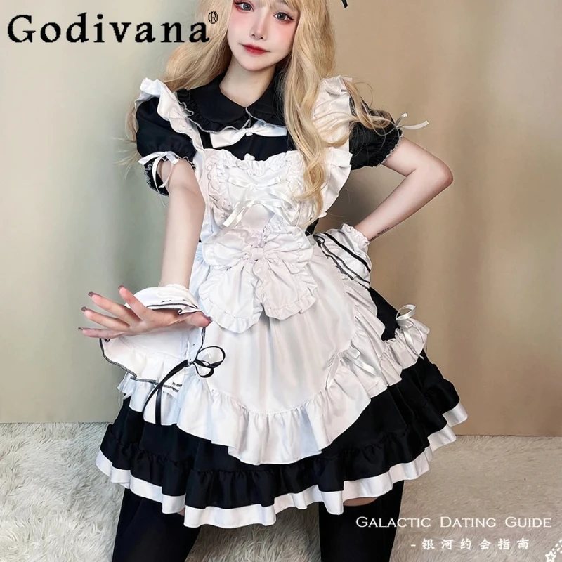 

L-5XL Large Size Heavy Industry Maid Cos Sexy Black Cute Japanese Dresses Lolita Summer Girl Short Sleeve Peter Pan Collar Dress