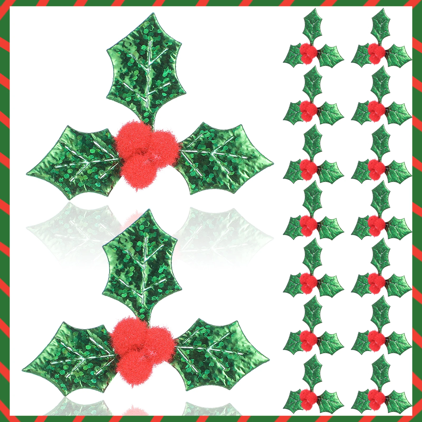 

100Pcs Christmas Holly Leaves Cloth Berry Decor Shiny Xmas Wreath Tree DIY Crafting Wreath Material Supplies Green Leaves