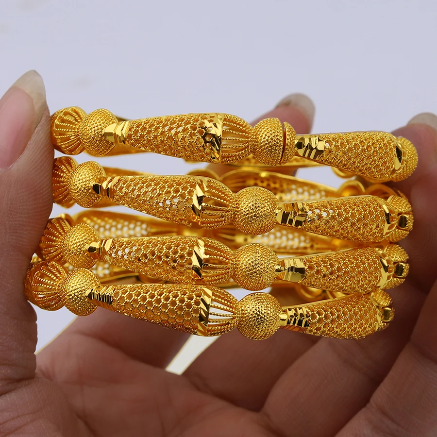 4pcs 24K Bangles Ethiopian Dubai Trendy Bangles for Women,Arab African Golden Color Bracelet Jewelry, Middle East Wedding Gifts