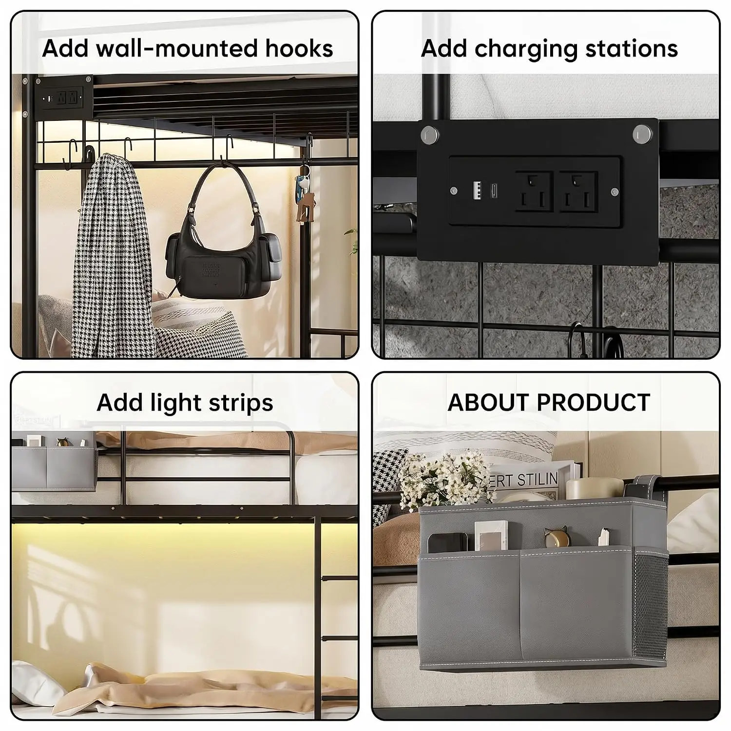 Heavy-Duty Twin Over Twin Metal Bunk Bed with Power Outlet, LED Lights, Guard Rails & Ladder, Customized - view 3