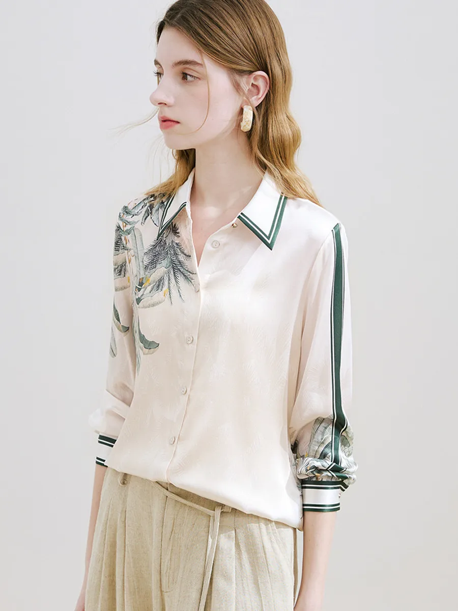 Elegante Camisa de Seda para Mujer, Transpirable, Manga Larga, Informal, para el Trabajo, Primavera Verano, Estampado Color Block, Rabbit King KANIN KONGE