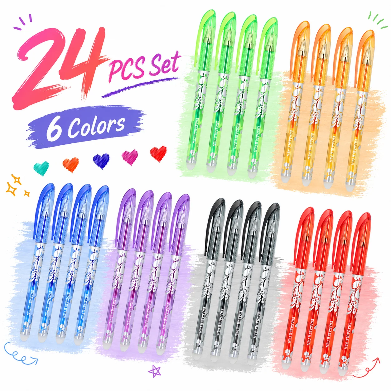 24pcs Magic Erasable Gel Pens Creativity Bottle Erasable Student Neutral Pens 0.5mm 6 Colours Student Office School Stationery
