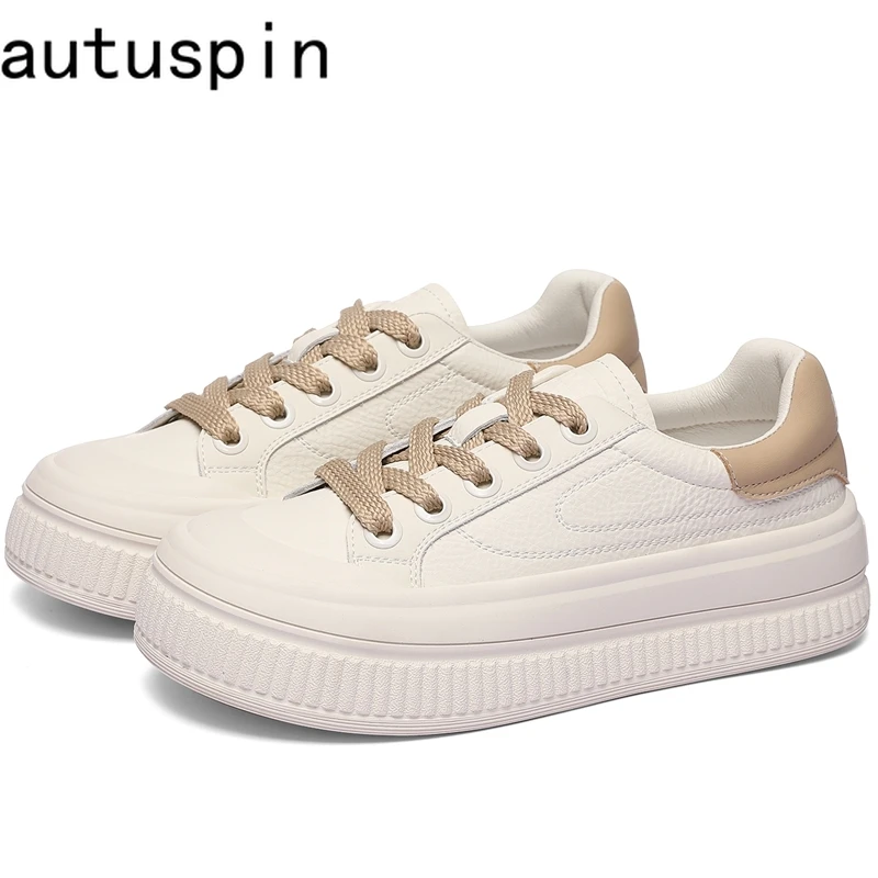 

AUTUSPIN Women Med Heels Sneakers Genuine Leather Leisure Ladies Walking Vulcanize Shoes Outdoor Round Toe Chunky Sport Shoes