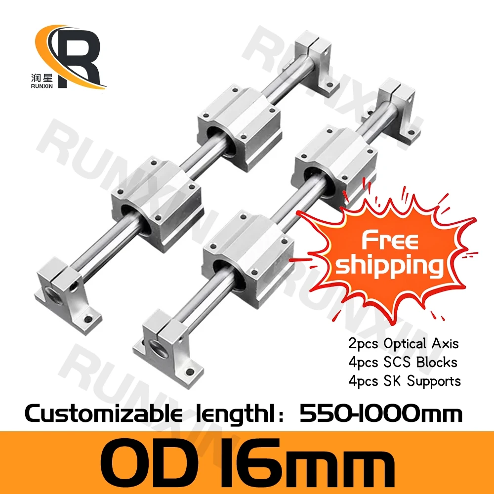 RXTNC 2pcs Optical Axis OD 16mm L550-1000mm + 4pcs SCS16UU Linear Bearing Blocks + 4pcs SK16 Bearing Supports for CNC