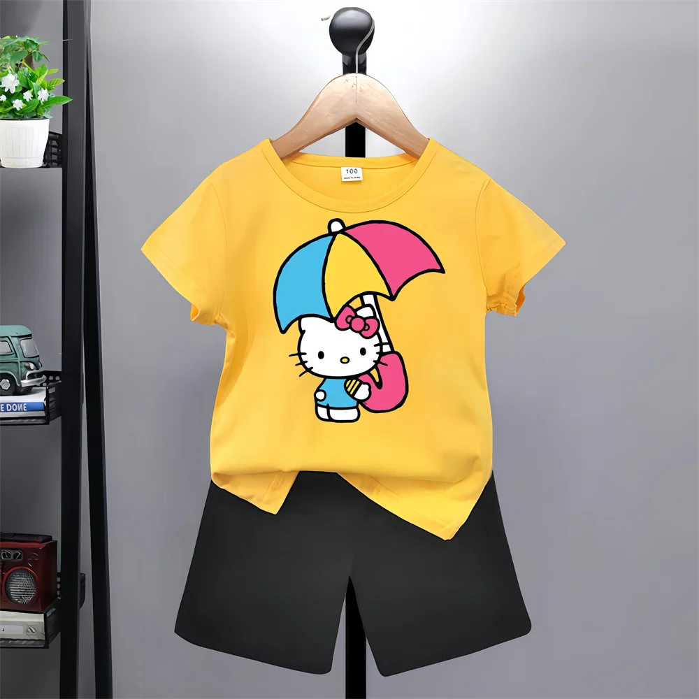 Top Designer Brands Hello Kitty Summer Suits Children's Clothing Boys Girls Clothing Tops Shorts Sportswear for Ages 3-14