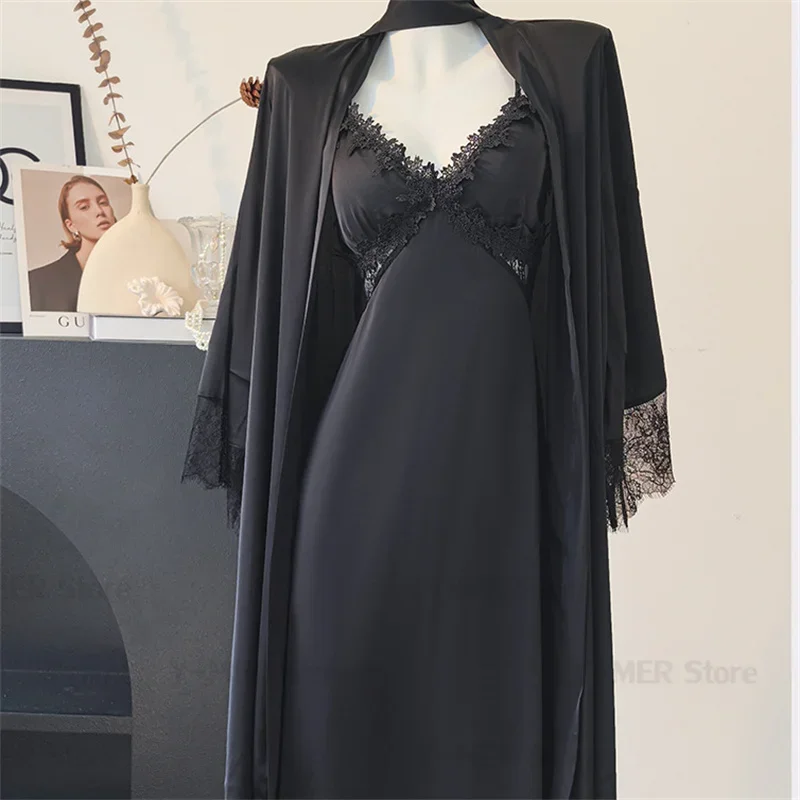 Abiti da sposa lunghi da sposa Camicia da notte e vestaglia da donna Set da 2 pezzi Indumenti da notte leggeri con cinturino per spaghetti in pizzo sexy con imbottitura sul petto