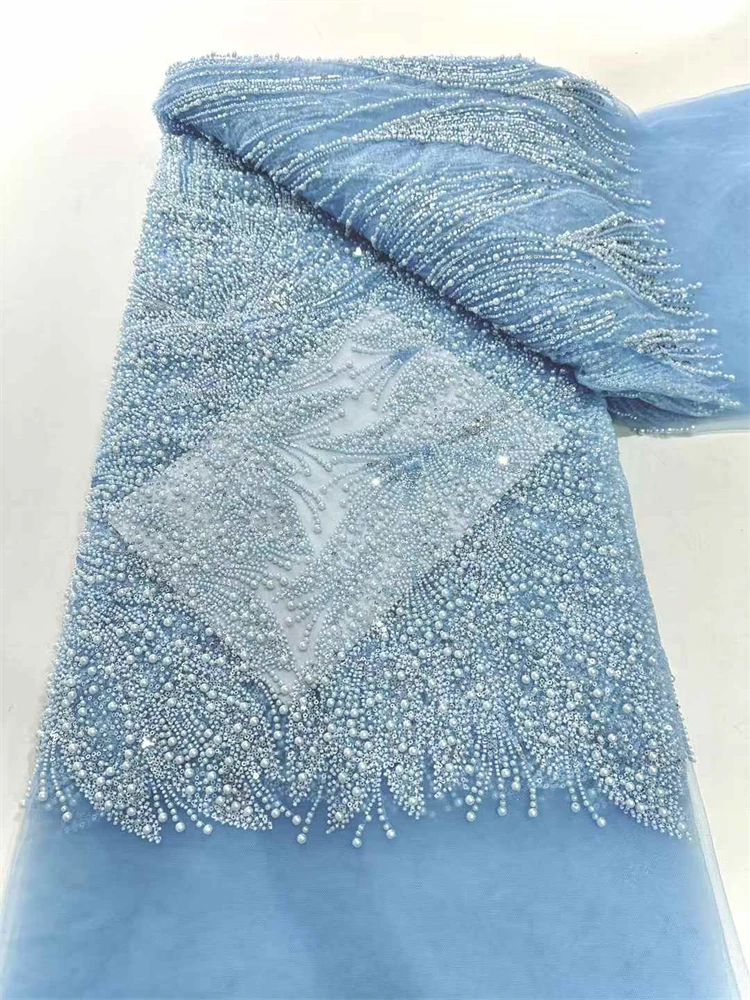 5 Yards High-end Heavy Beaded Fabric Latest African Luxury Sequins Groom Embroidery Fabric French Tulle Lace For Sewing Wedding