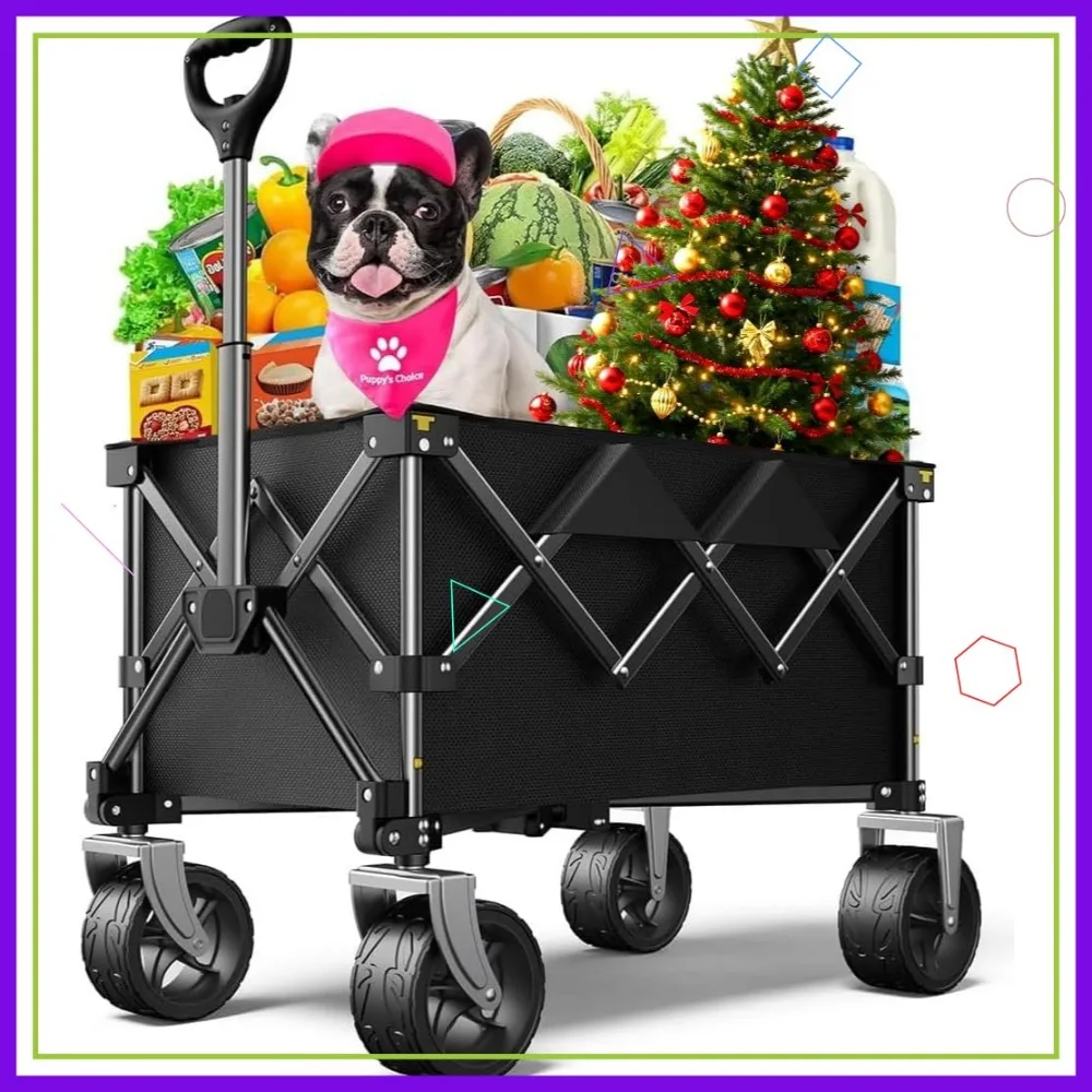 

Складная тележка с большими колесами, емкостью 220 фунтов для пляжного сада, кемпинга, спорта, вездехода - черный