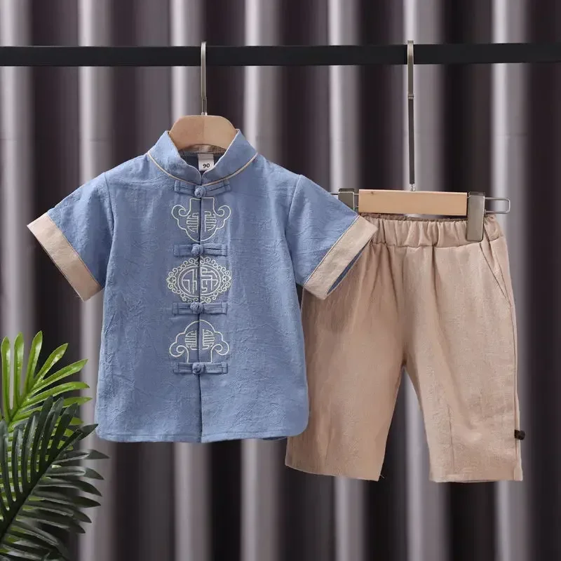 Setelan katun gaya Tiongkok musim panas, pakaian kerah berdiri, katun, lengan pendek, bordir Derek, celana atas, pakaian anak laki-laki, Tai Chi Kleding