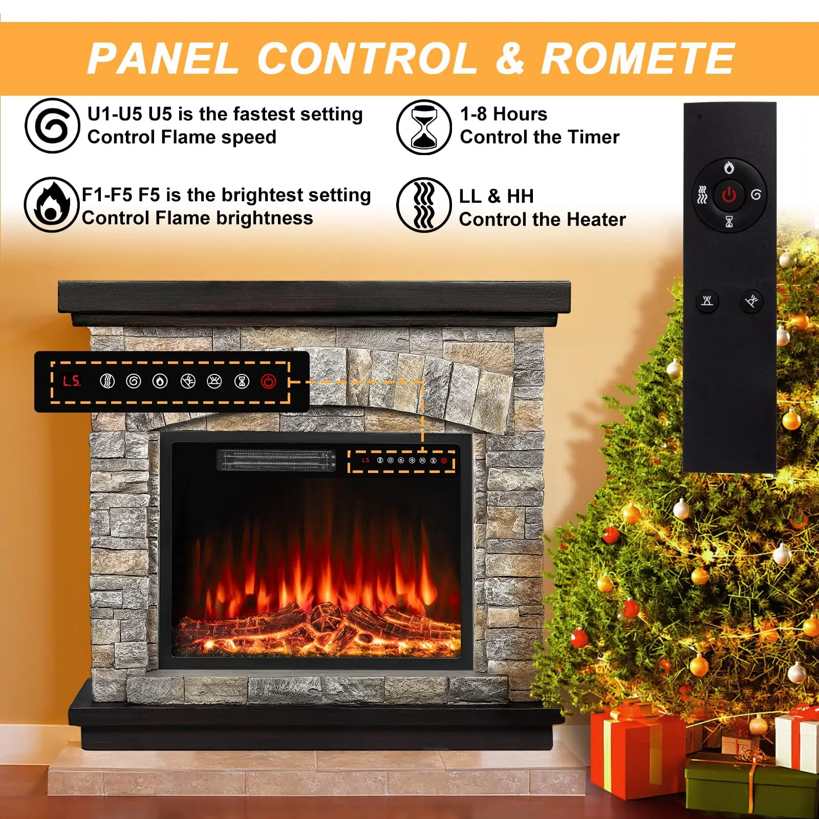 36 inch Electric Fireplace with Mantel, Faux Stone Finish, Gray