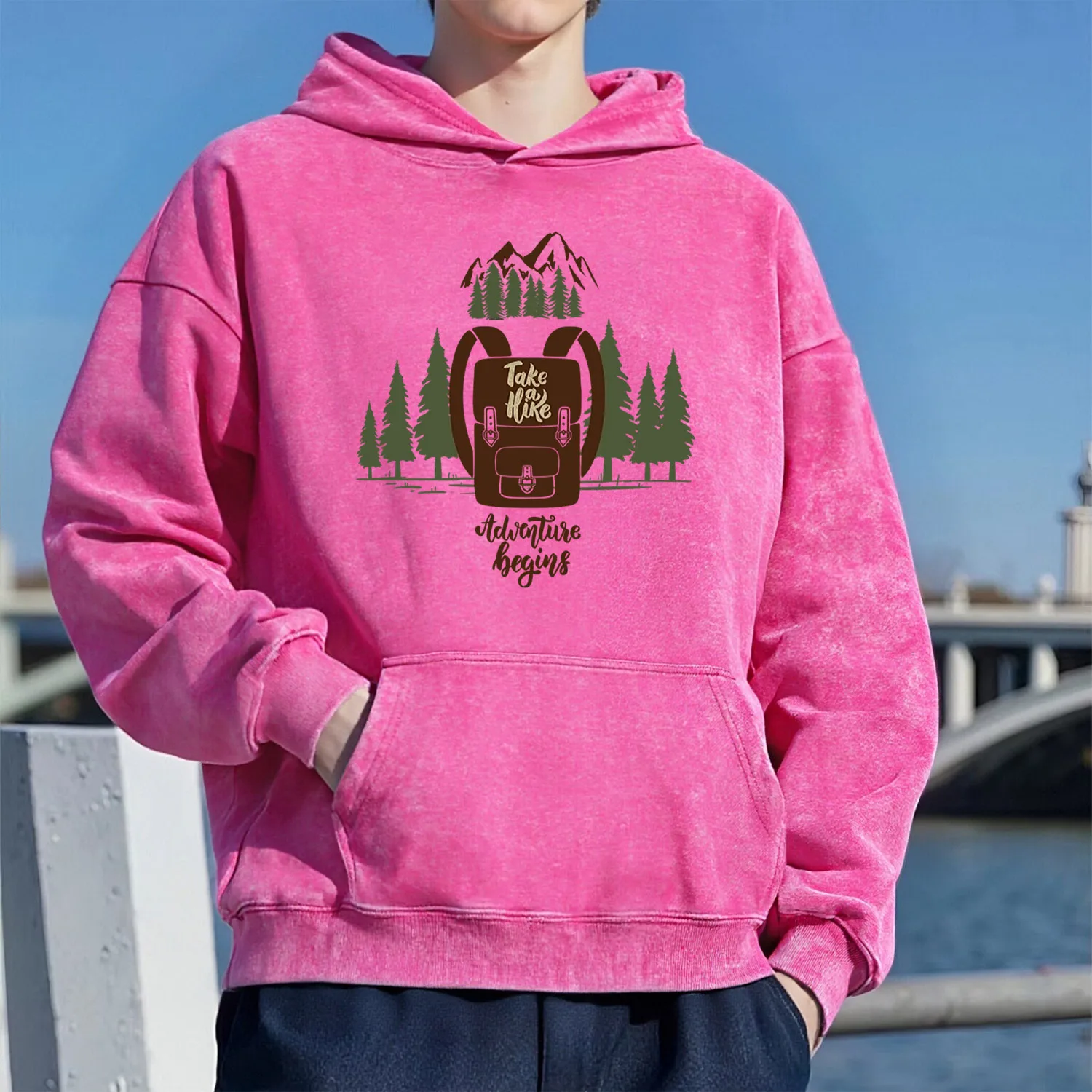 Climbing A Mountain Retro Washed Pattern Hooded Sweatshirt Unisex Casual Sporty Style Made Of Pure Cotton Street Style 400G