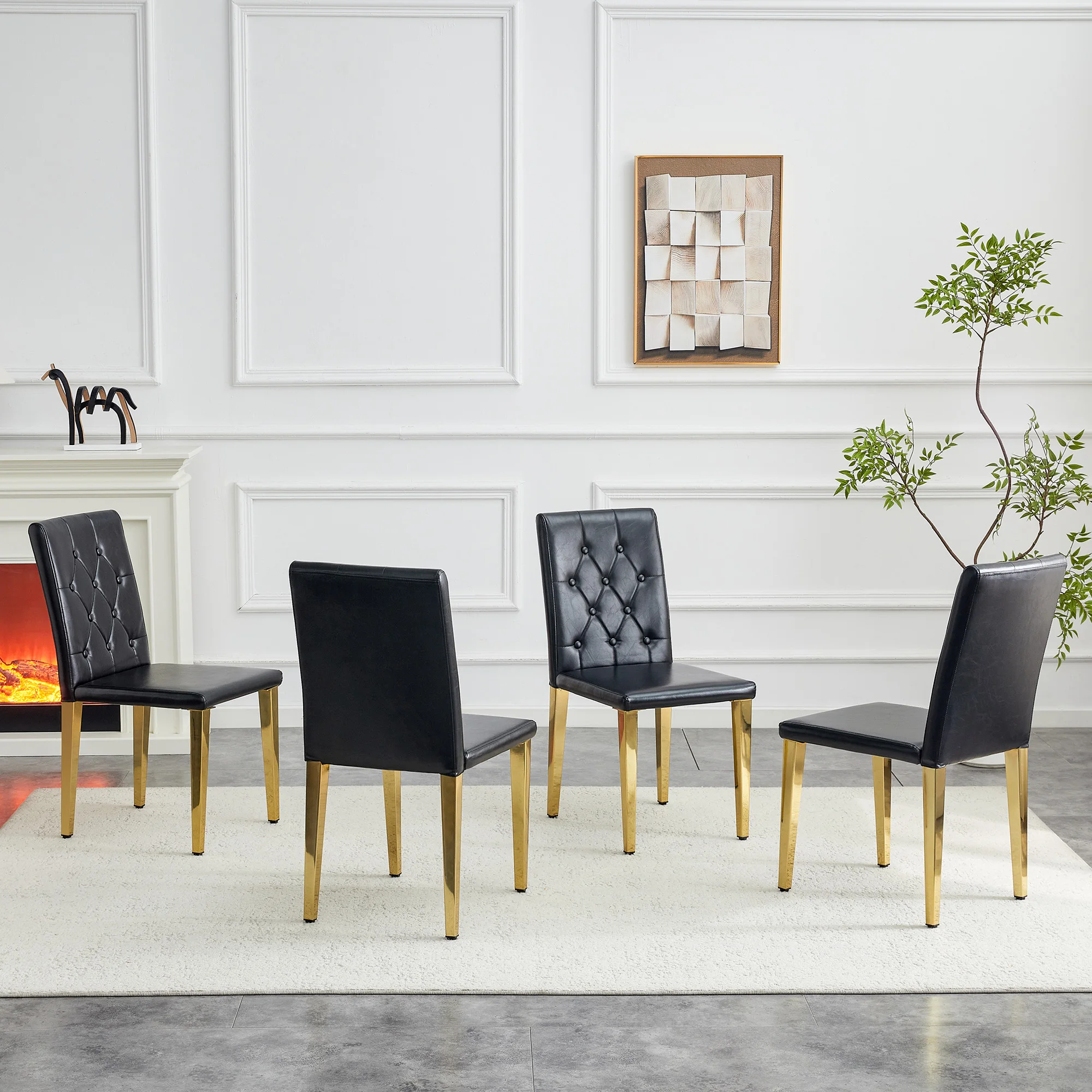 Set di 4 sedie da sala da pranzo in nero con finiture in oro lucido: un tocco di lusso discreto, la scelta ideale per le sale da pranzo in stile europeo, con gambe in metallo dorato per creare