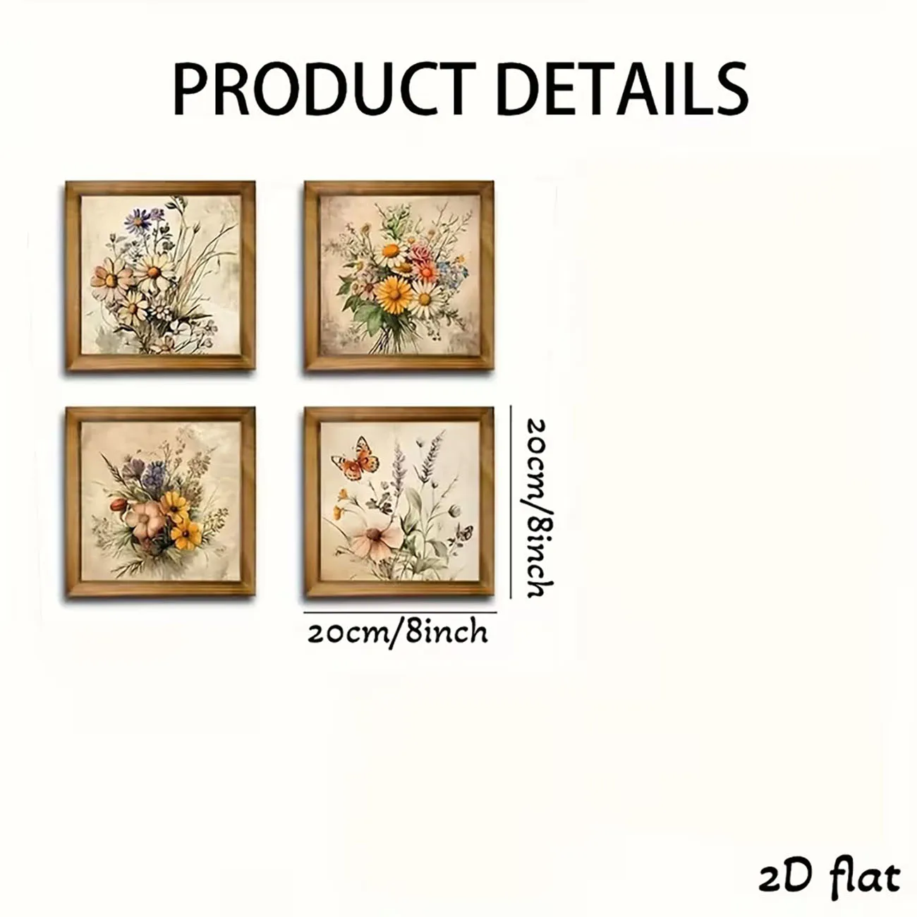4Pcs 2D Flat Vintage Floral Wooden Wall Stickers, Framed Wildflower & Butterfly Prints, Farmhouse Decor with Nano Tape