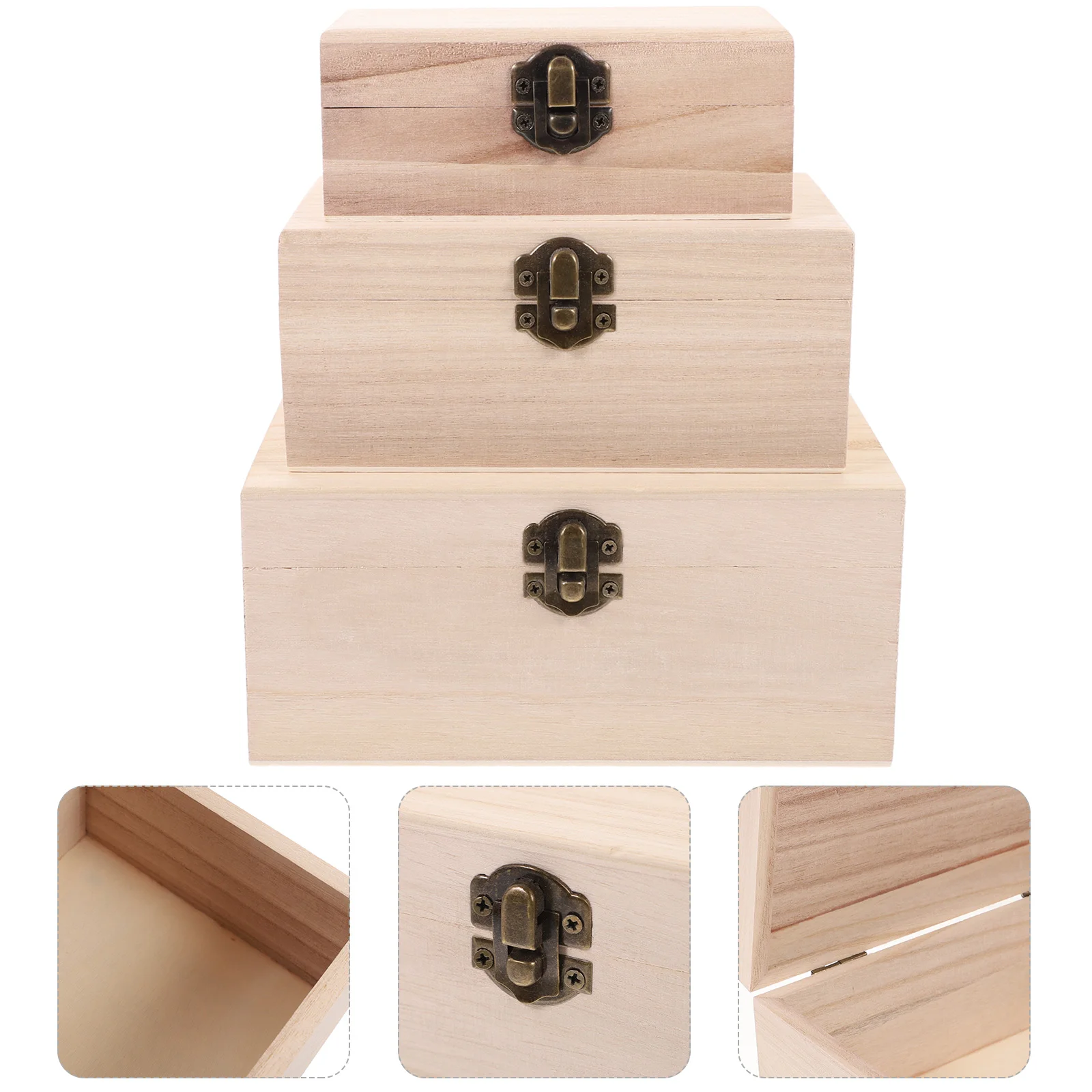 1 Set/3 Pcs Unfinished Wooden Case Creative Multi-function Box DIY Graffiti Supplies Storage Lock Case for Home Shop Adults Kids