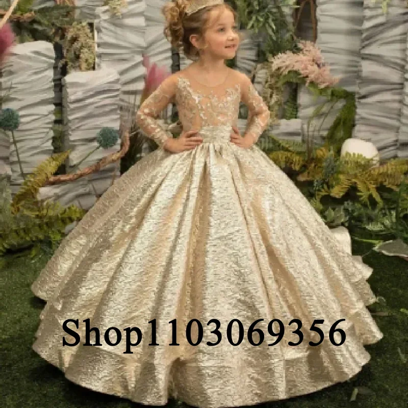 Flower Girl Dress Fluffy Long Fantasy Sleeve Bow Belt Princess Baby Girl Wedding Princess Birthday Party First Communion Gown