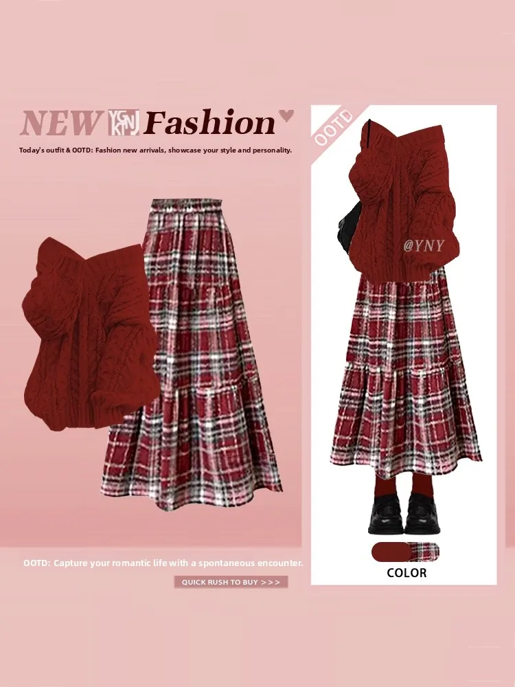 

Korean Style Age-Defying Plaid Two-Piece Set Women's Winter Loose One-Shoulder Knitted Sweater High Waist Skirt Ensemble