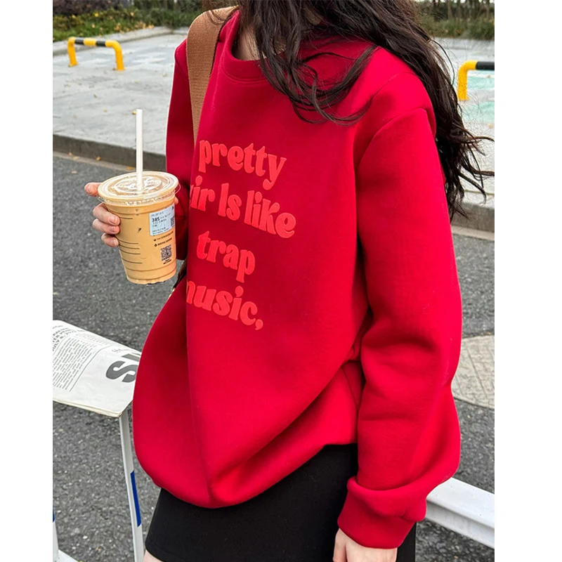 Women Autumn Letter Print Loose Style Hoodies O-Neck Fashion Brand Pullovers New Clothes Women Thick Cotton Tops Sweatershirt