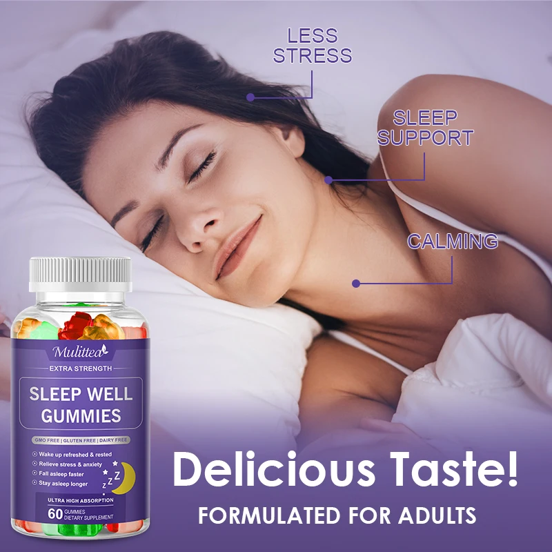 Mulittea Efficient Melatonin Gummies Relieve Insomnia and Stress Help Deep Sleep Improve Sleep Quality Strawberry Flavor Non-GMO