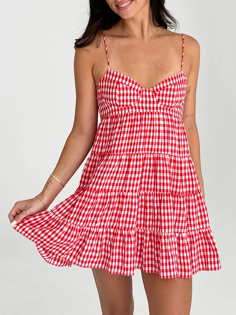 Women Red Plaid Dress Spaghetti Strap Cami Dress Plaid Sweetheart Neck Tiered Hem Back Lacing Short Dresses Vintage Streetwear