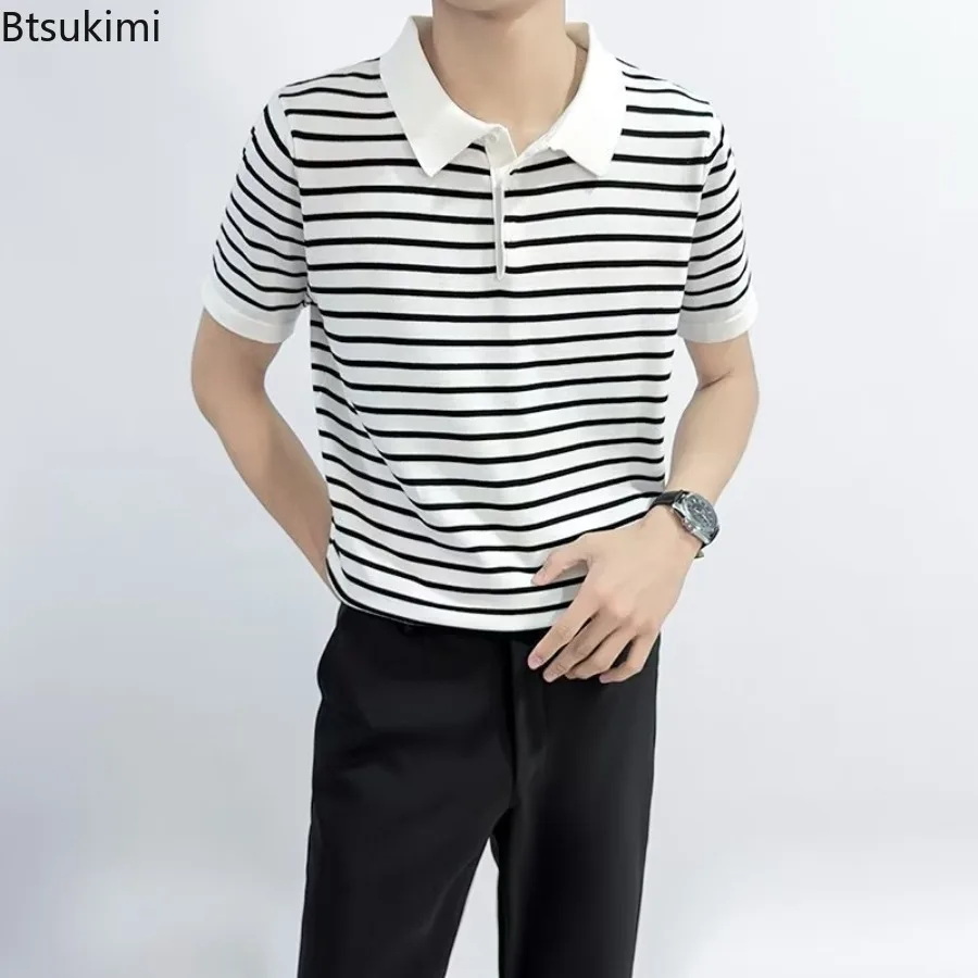2025 Men Clothing Summer Vintage Casual T Shirts Striped Lapel Tops for Men Harajuku Streetwear Breathable Ice Silk Polo Shirts