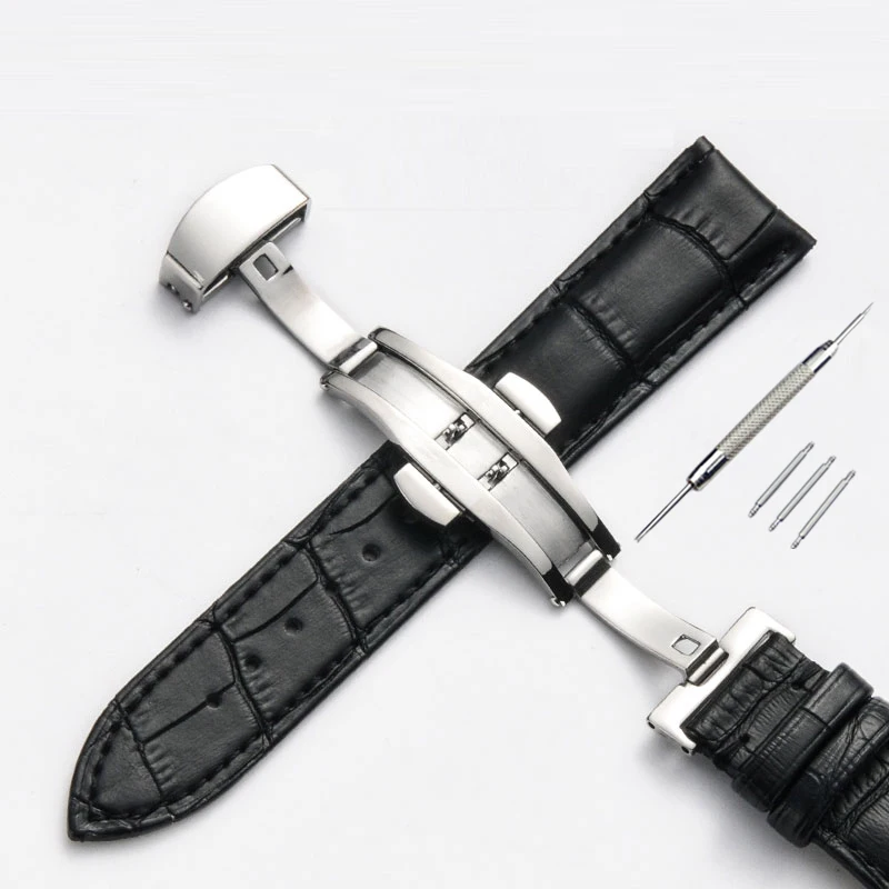 Watch Band Strap Butterfly Pattern Genuine Leather Deployant Buckle Bracelet Brown Black Watchbands 12-24mm