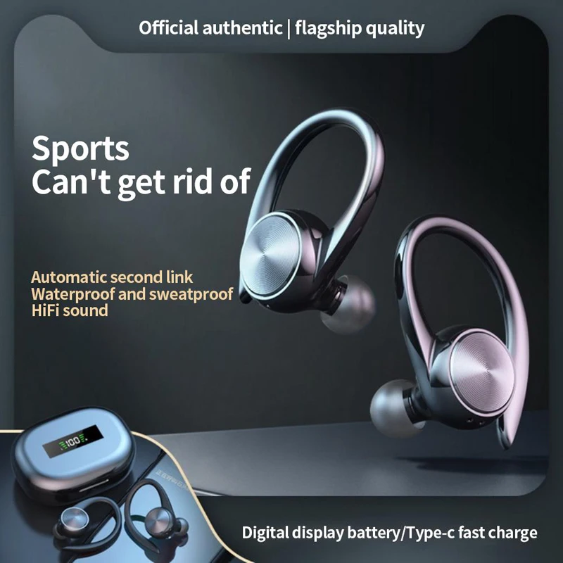 Auriculares deportivos TWS con Bluetooth, inalámbricos con micrófono, ganchos para las orejas impermeables, auriculares de música estéreo HiFi para iPhone y Samsung