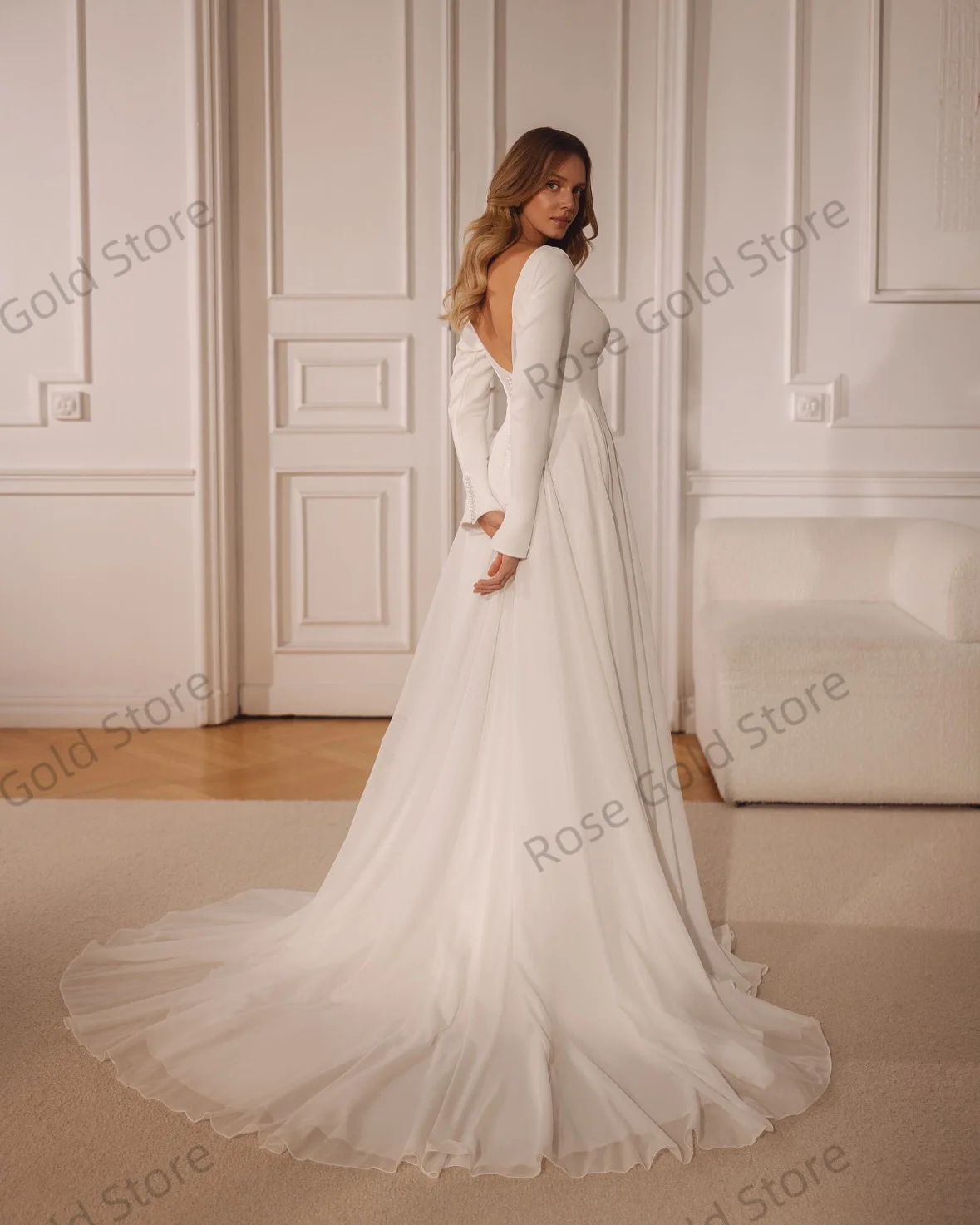 Vintage rosa vestidos de noiva para as mulheres uma linha com decote em v mangas completas vestidos de casamento aberto v voltar longo vestido de novia personalizado